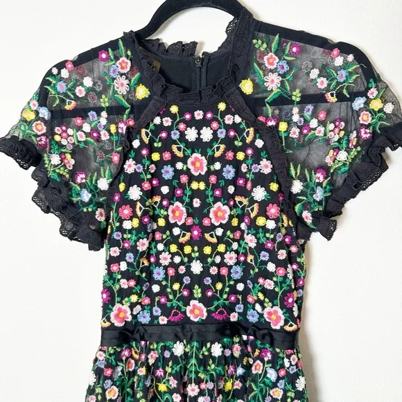 Needle & Thread Lazy Daisy Multicolor Floral Embroidered Black Midi Dress 4 - Picture 5 of 11